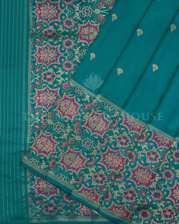 Teal Banarasi Tussar Georgette Saree with Rani Pink Zari Floral Jaal