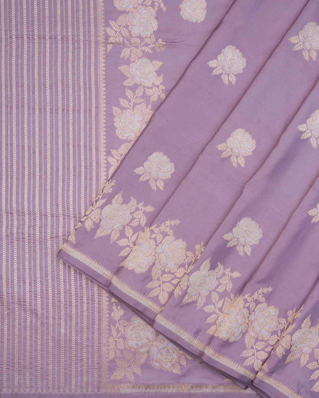Lavender Mashru Banarasi Saree with Rose Gold Butis and Floral Zari Border