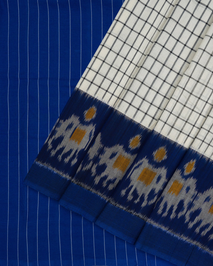 White And Blue Handloom Cotton Saree with Ikkat Border- TSH2506086-view3