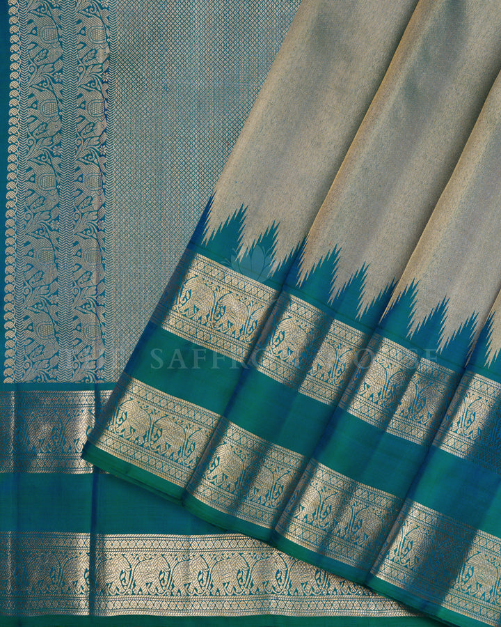 Peacock Blue Retta Pett Handwoven Kanjivaram Silk Saree - TSH2506266