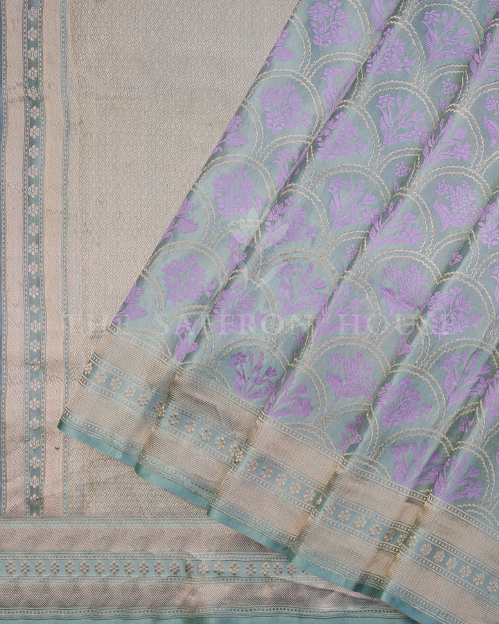Icy Blue Mashru Banarasi Saree with Lilac Zari Floral Medallions