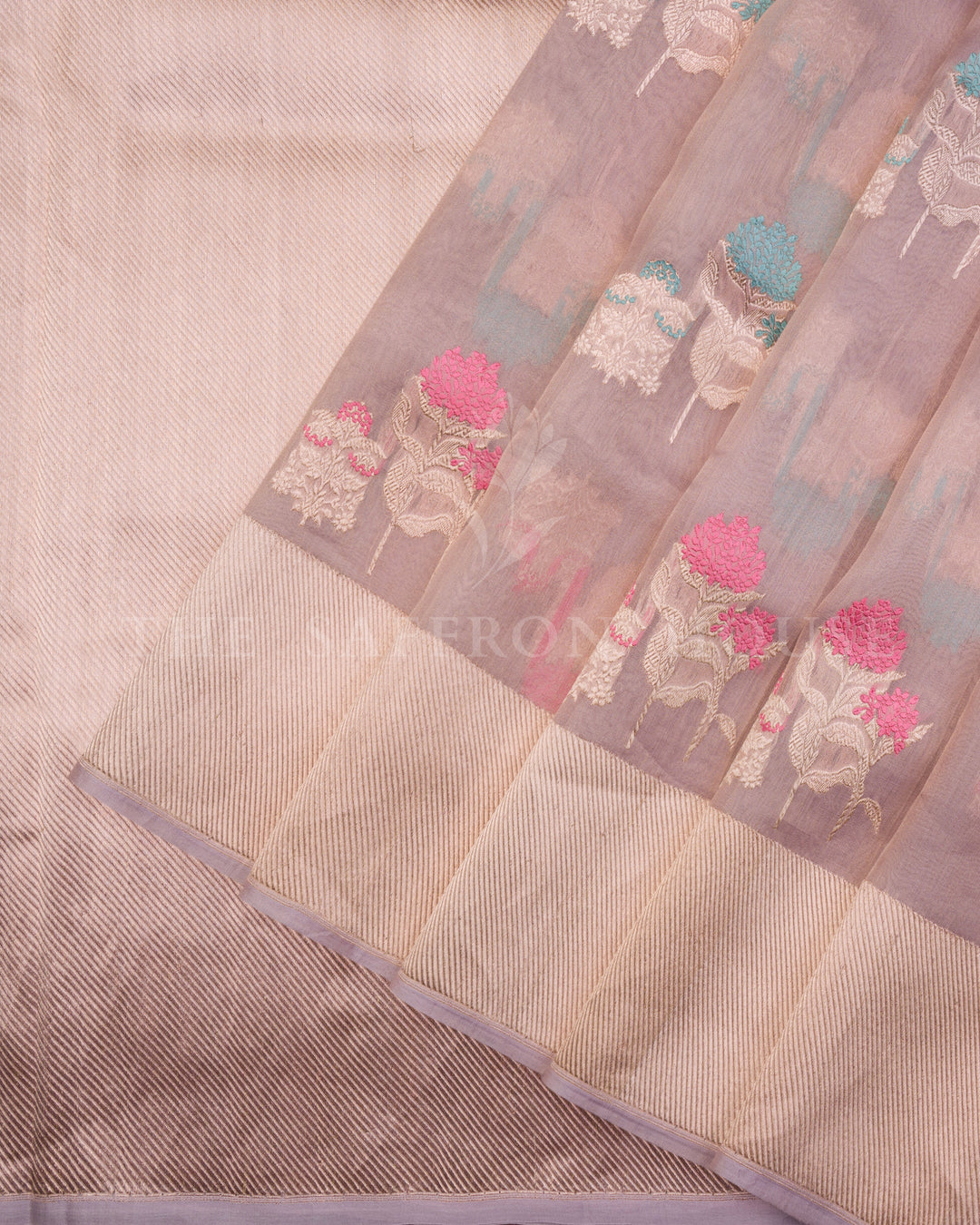 Pastel Lilac Kora Banarasi Saree with Multicolor Floral motifs and Zari Border