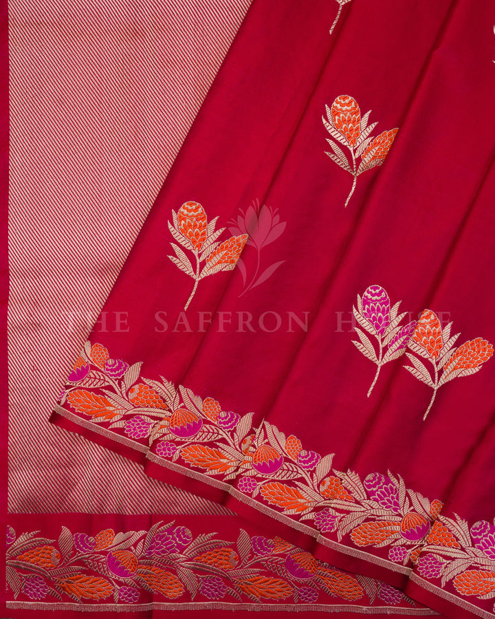 Ruby Red Velvet-Finish Mashru Banarasi Saree with Pashmina-Inspired Floral Border