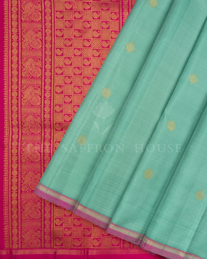 Pastel Mint Green And Pink Handwoven Kanjivaram Silk Saree - TSH2506232