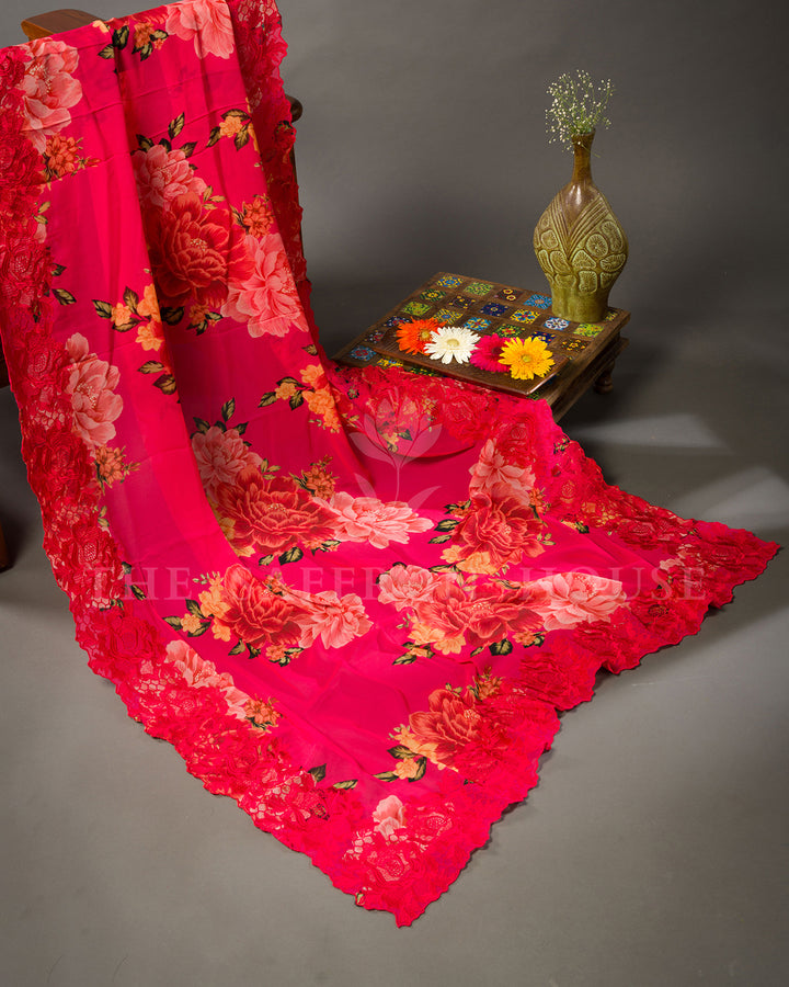 Pink Printed Organza Saree with Floral Digital Print & Red Lace Border