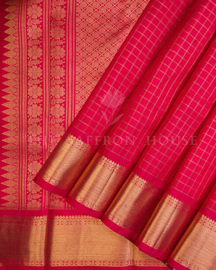 Classic Red Checked Pure Kanchipuram Silk Saree with Gold Zari Border - TSH250115