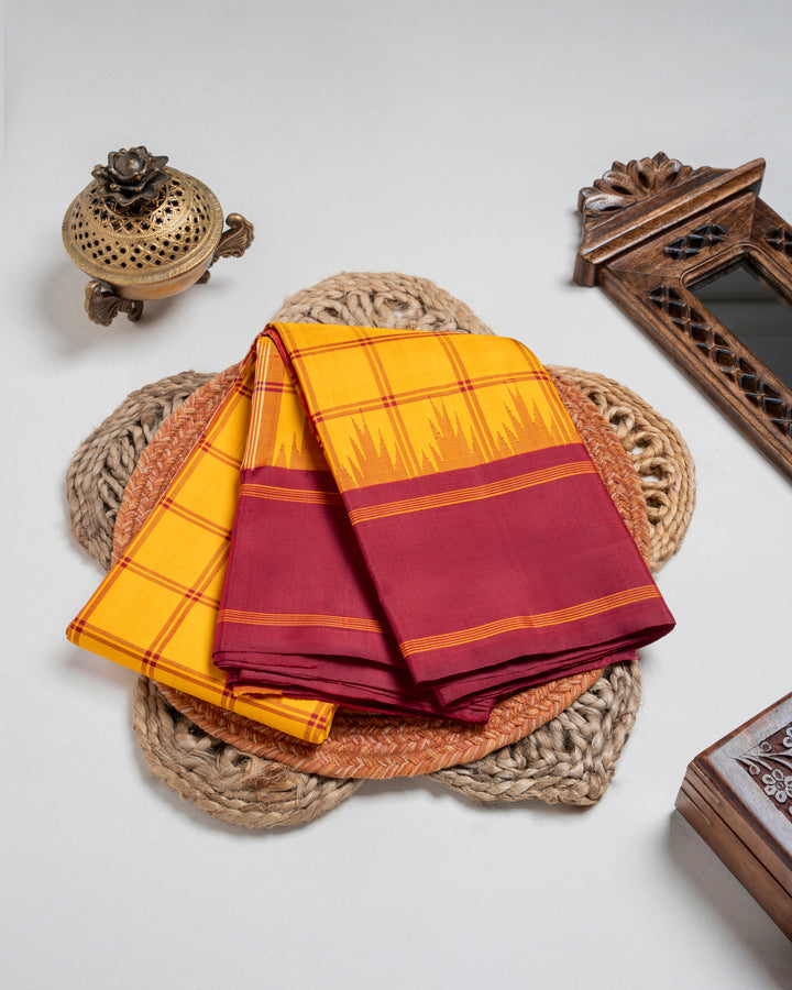 Mustard Yellow & Crimson Kanchivaram Silk Saree