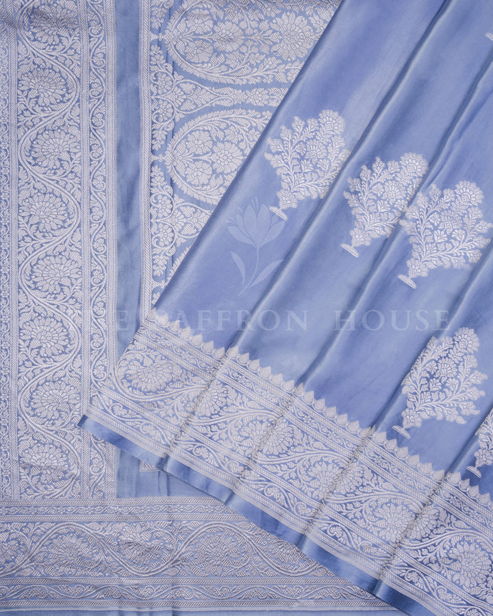 Sky Blue Mashru Banarasi Saree with Ivory Zari Floral Jaal and Vase Butas