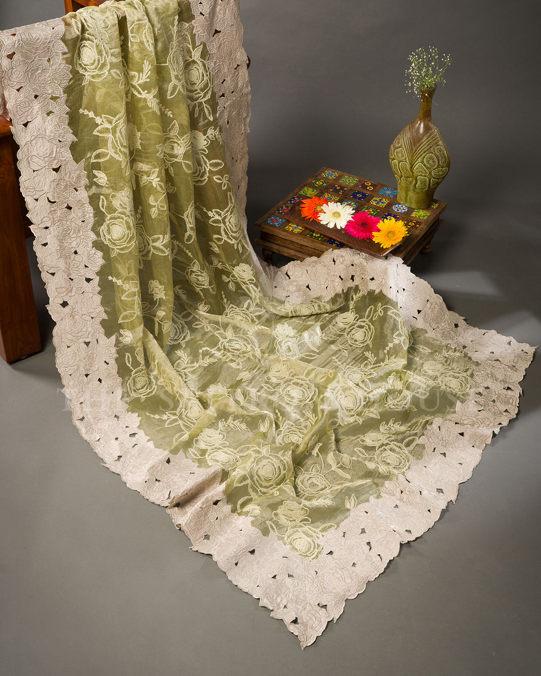Pale Olive Green Organza Tissue Saree with All-Over Rose Embroidery & Cutwork Scalloped Border