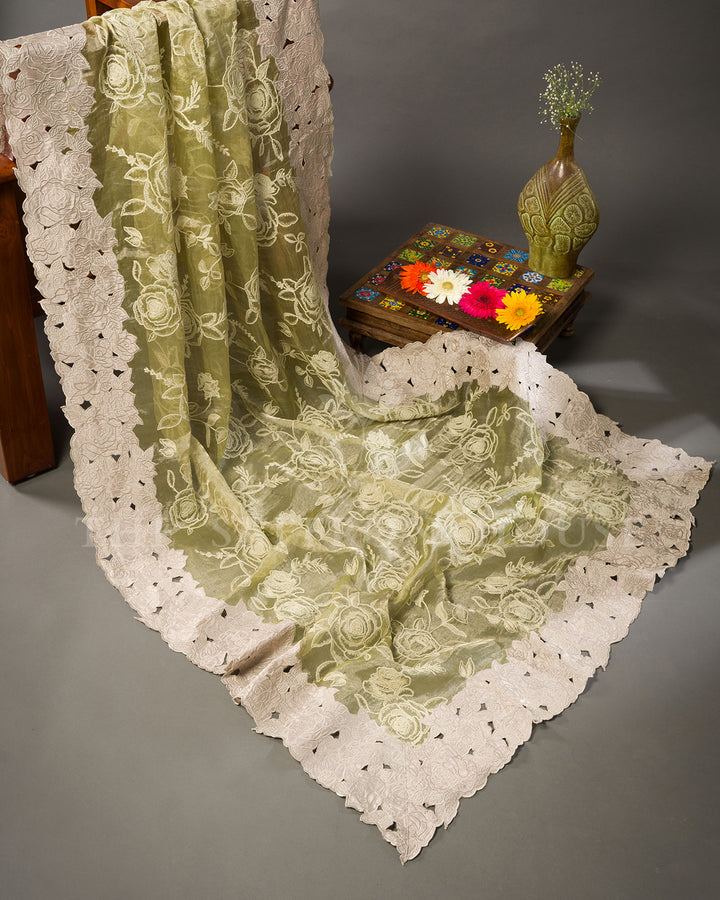 Pale Olive Green Organza Tissue Saree with All-Over Rose Embroidery & Cutwork Scalloped Border