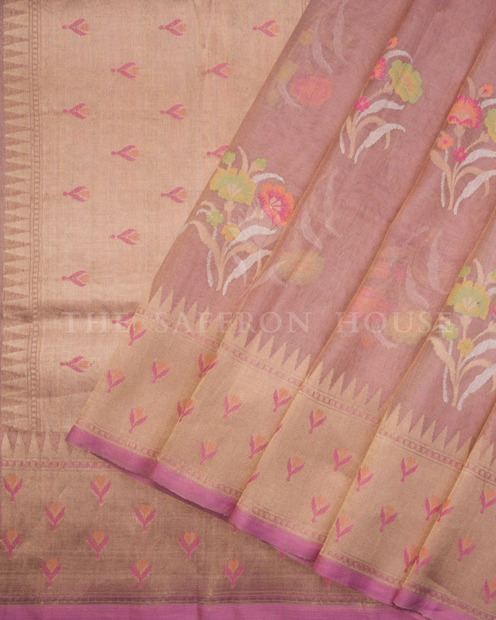 Dusty Rose Kora Banarasi Saree with Paithani-Inspired Border and Pastel Floral Motifs