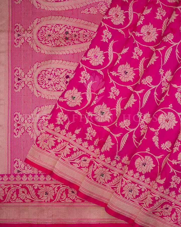 Half Kora Half Silk Banarasi Saree in Red and Rani Pink with Zari Paisley Border