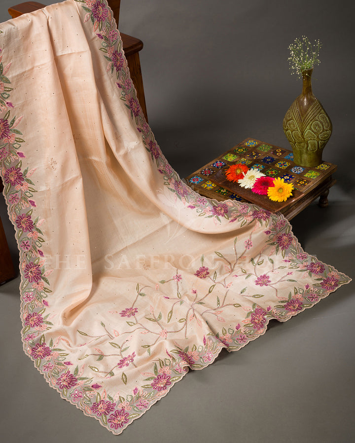 Peach Tussar Silk Saree with Hand Embroidered Floral Border & Scalloped Edge