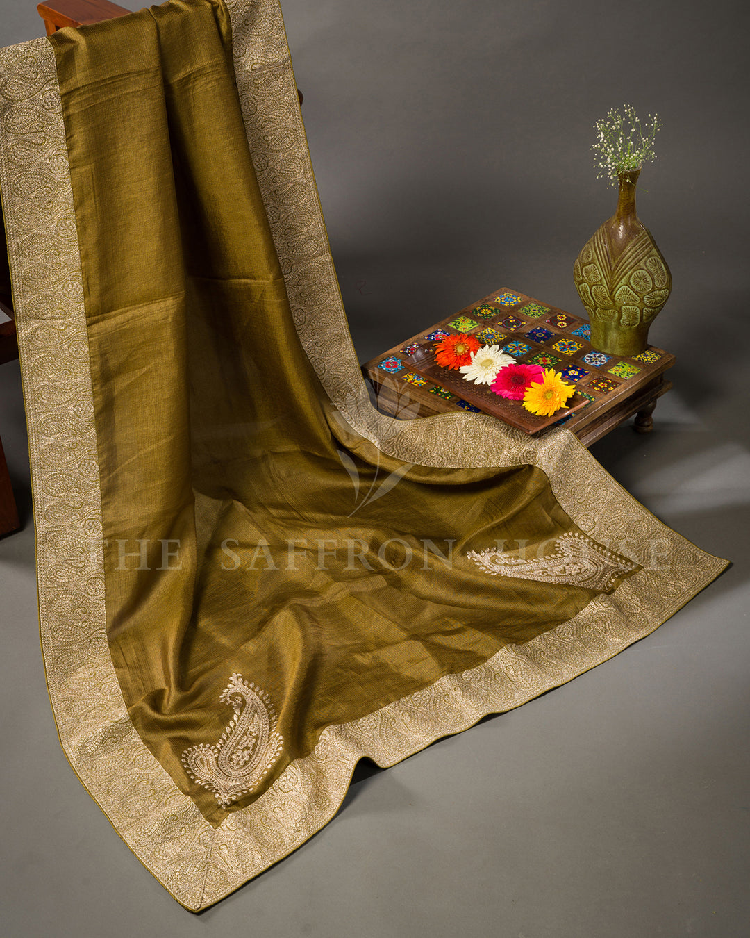 Olive Green Tussar Silk Saree with Hand Embroidered Paisley Border