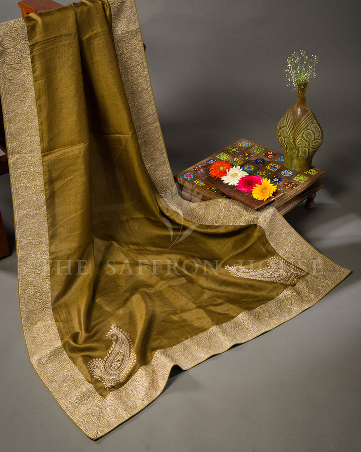 Olive Green Tussar Silk Saree with Hand Embroidered Paisley Border