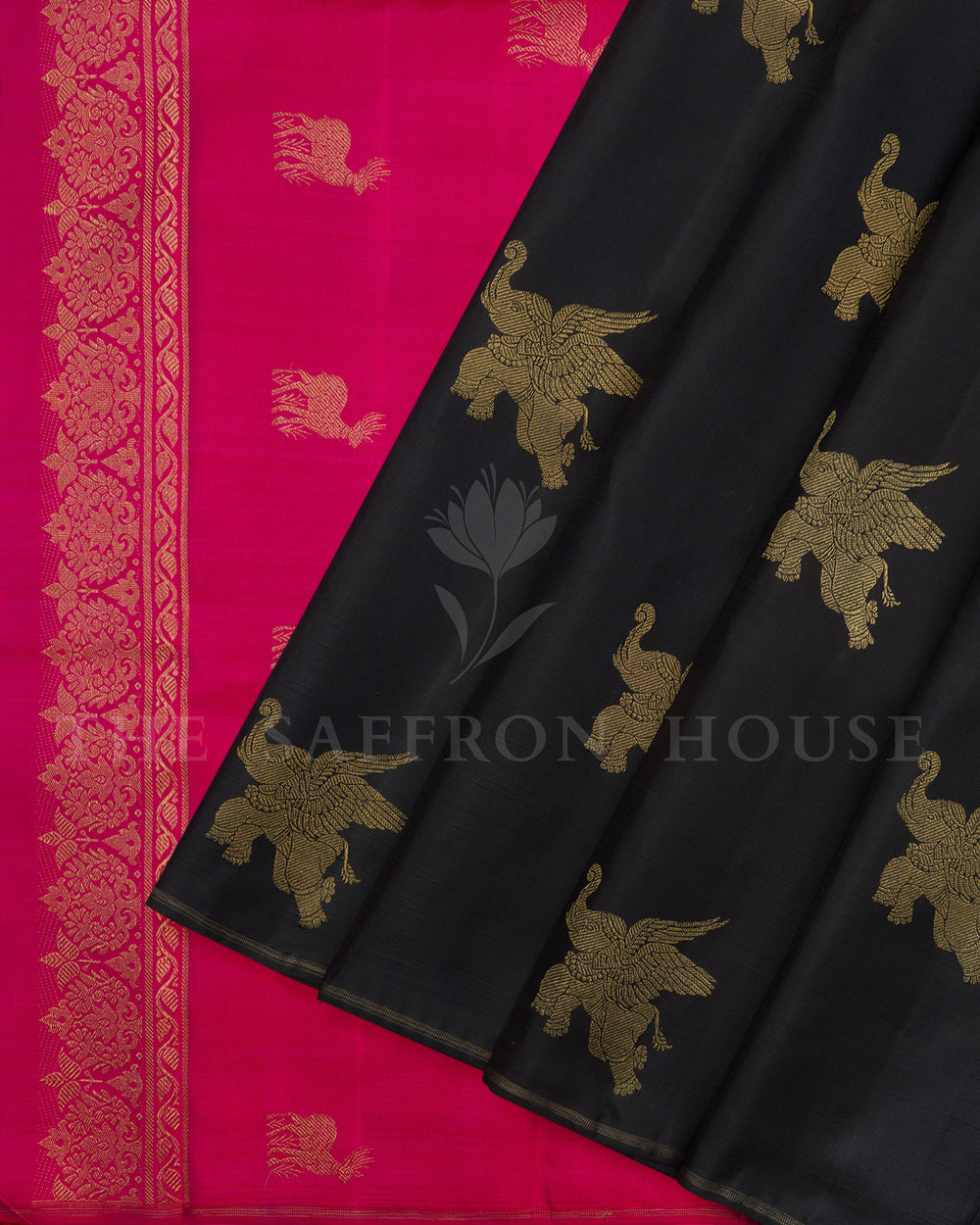 Black And Rani Pink No Border Handwoven Kanjivaram Silk Saree - TSH2506210