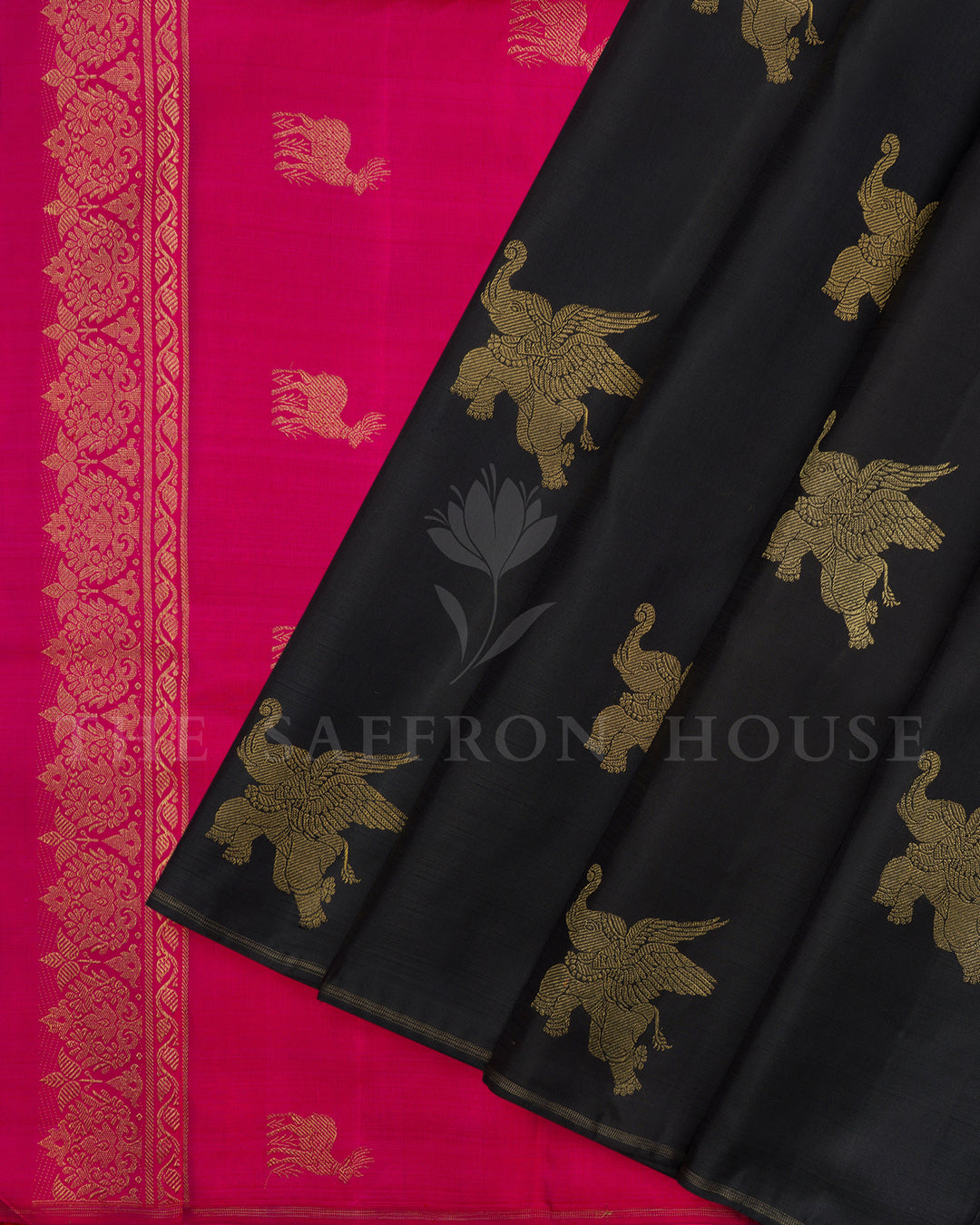 Black And Rani Pink No Border Handwoven Kanjivaram Silk Saree - TSH2506210