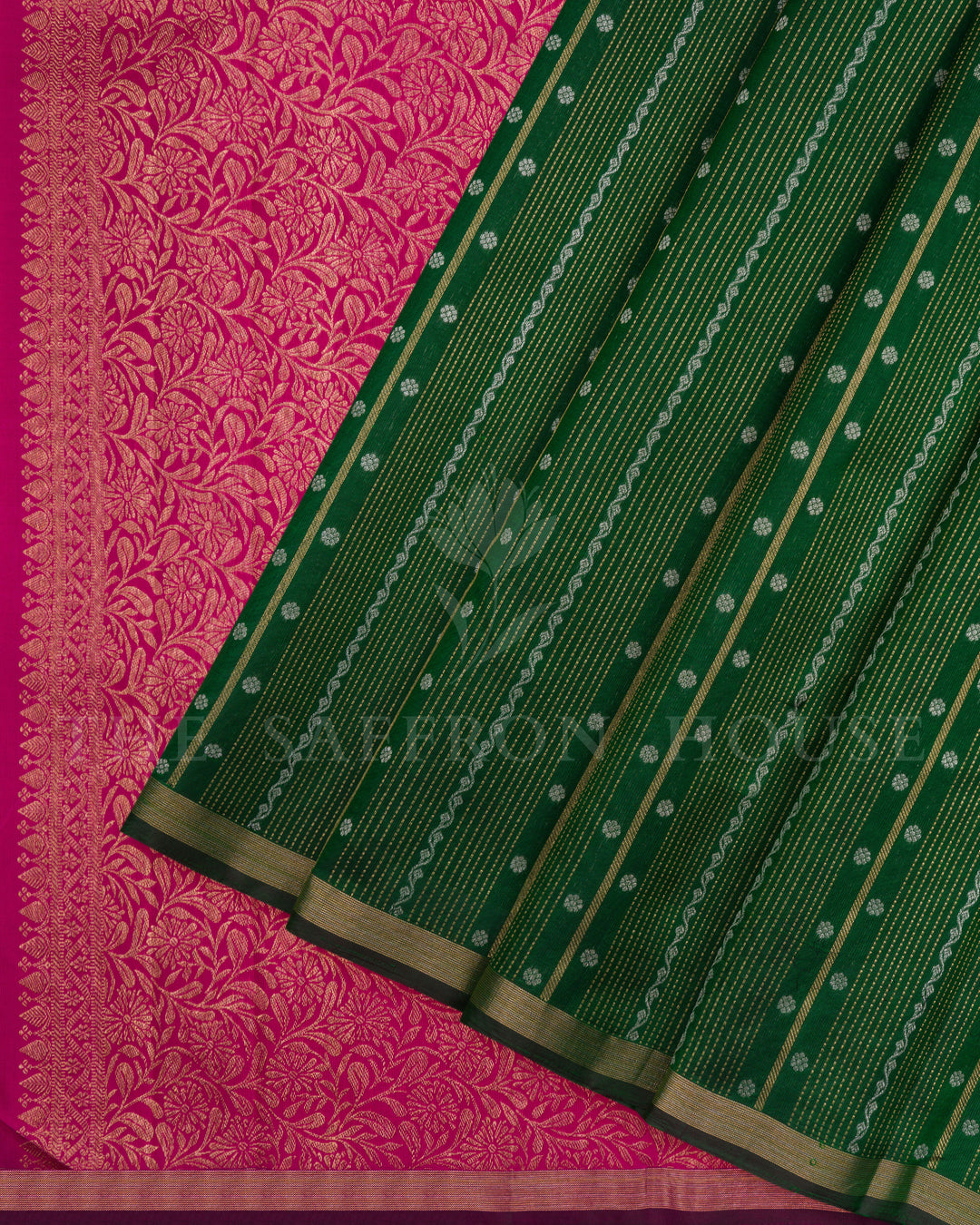 Bottle Green And Magenta Pink Border Handwoven Kanjivaram Silk Saree - TSH2506214