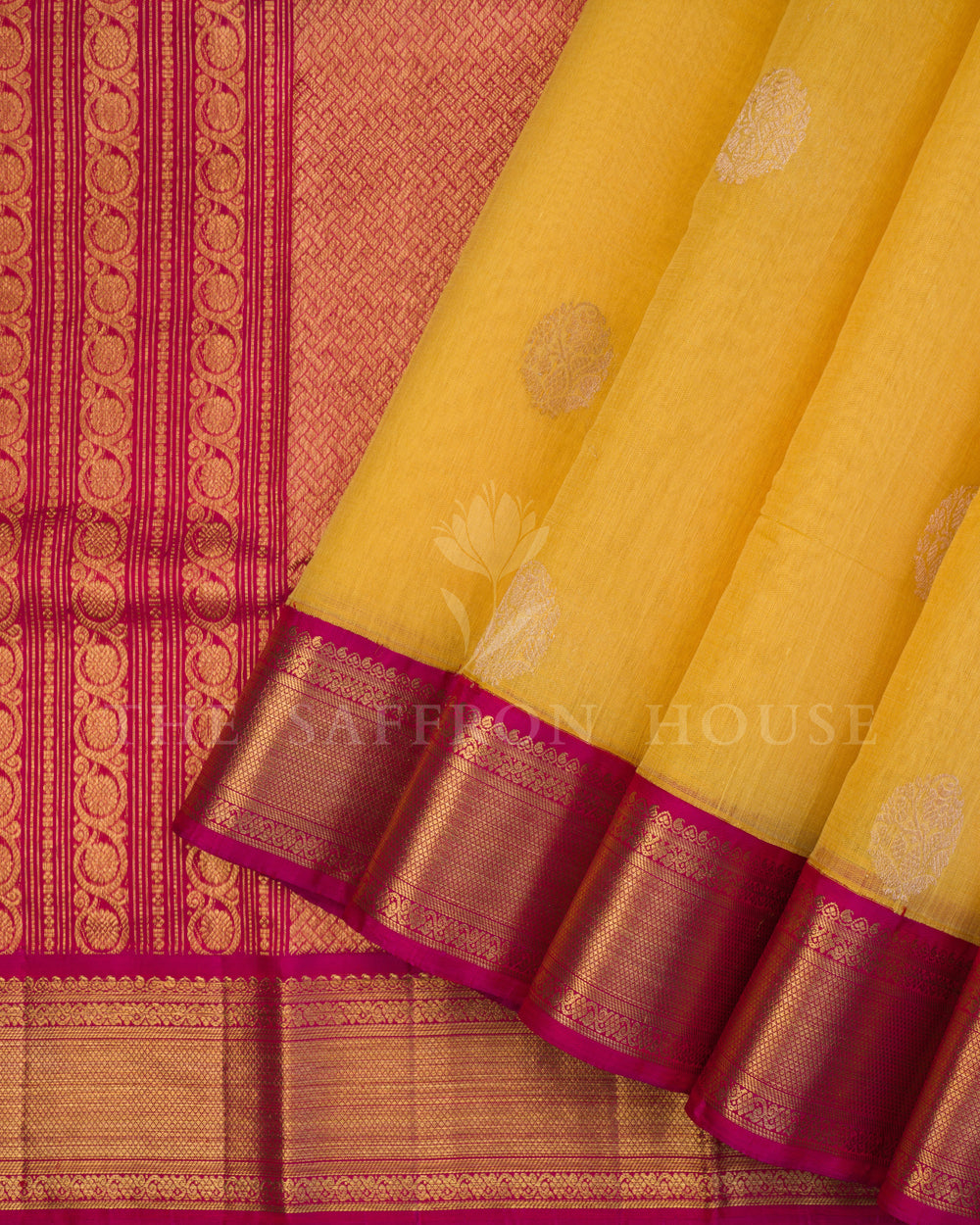Pure Kanjivaram Silk Saree in Yellow and rani Pink