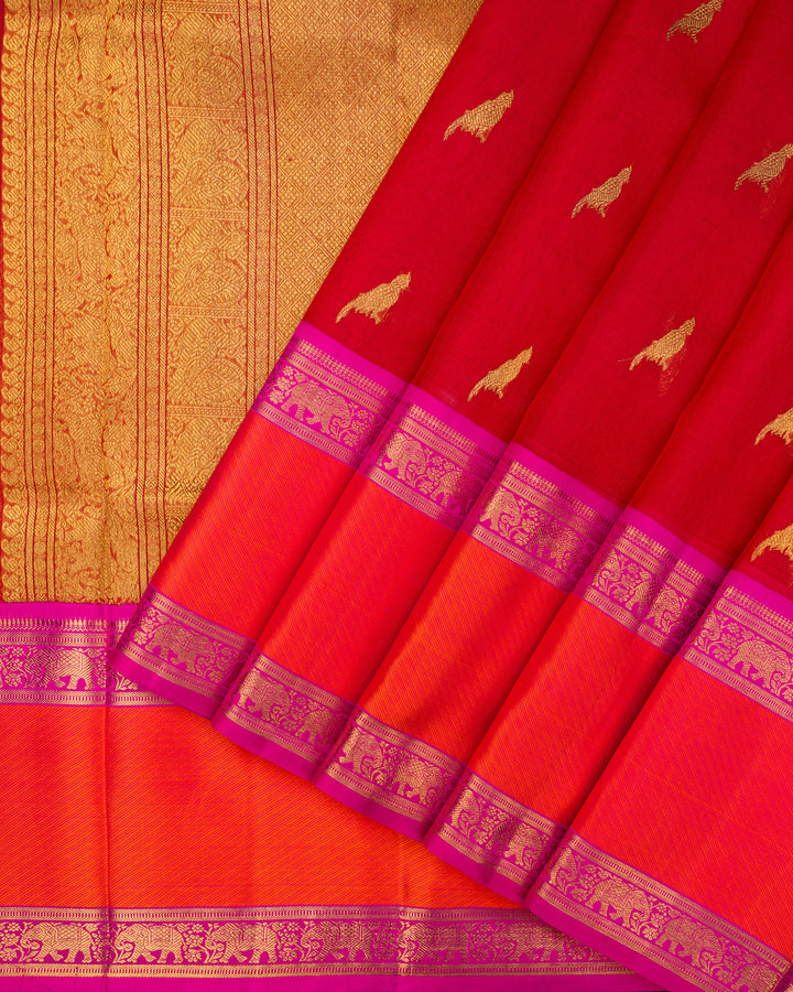 Red Kora Kanchivaram Silk Saree with Gold Bird Motifs & Elephant Border