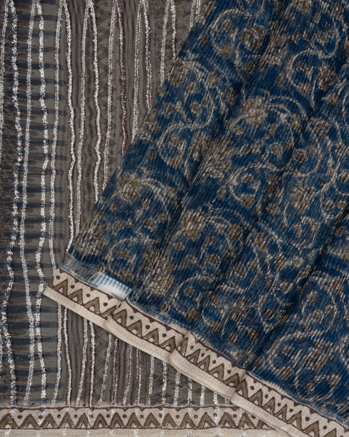 Ink Blue Handwoven Tussar Organza Jute Saree - TSH2506080-view3