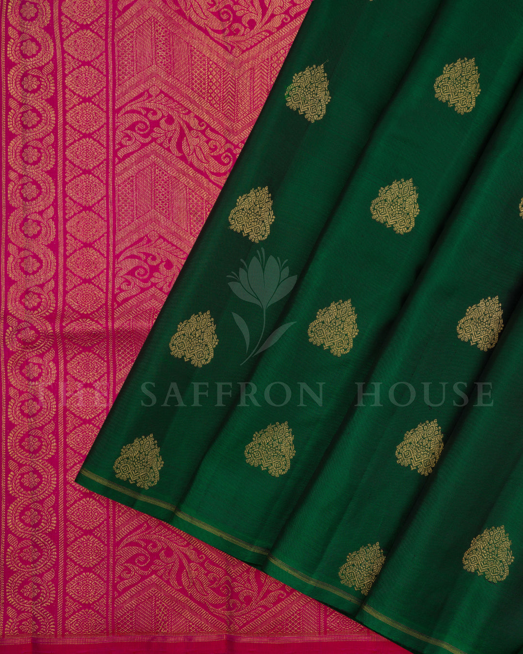 Bottle Green And Bright Rani Pink No Border Kanjivaram Silk Saree - TSH2506229