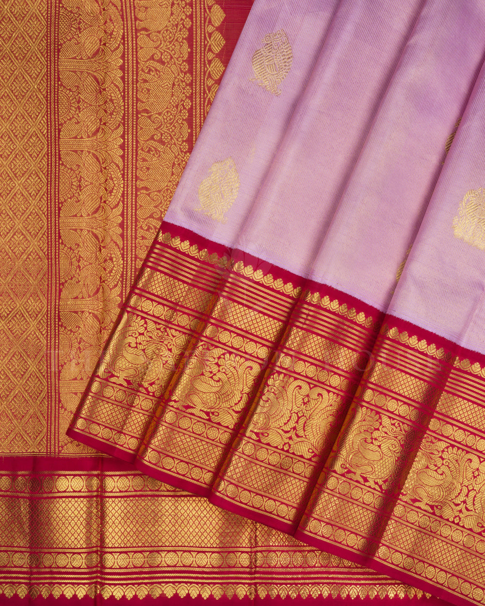 Lavender Pink And Maroon Handwoven Kanjivaram Silk Saree - TSH250094-View2
