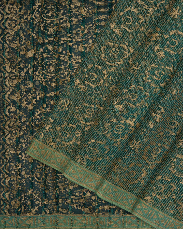 Light Sea Green Handwoven Tussar Organza Saree With Golden Zari Stripes - TSH2506073-view3