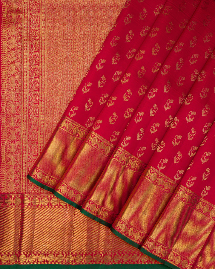 Red Kanchivaram Silk Saree with Gold Zari Butta & Elephant Border