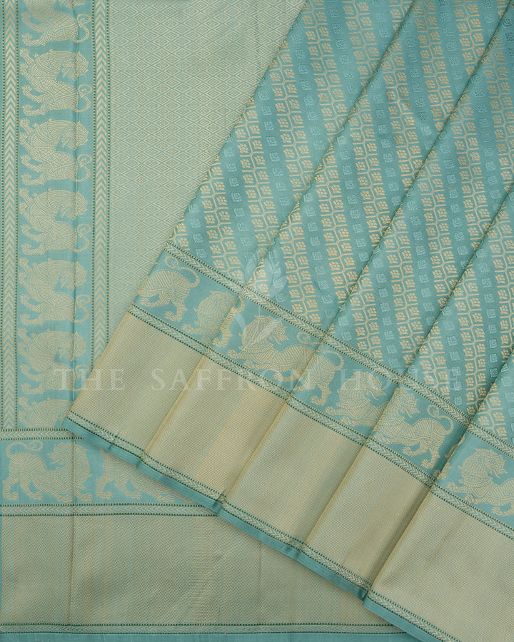 Sea Green Thread Work Kanchivaram Saree with Yali Motif Border