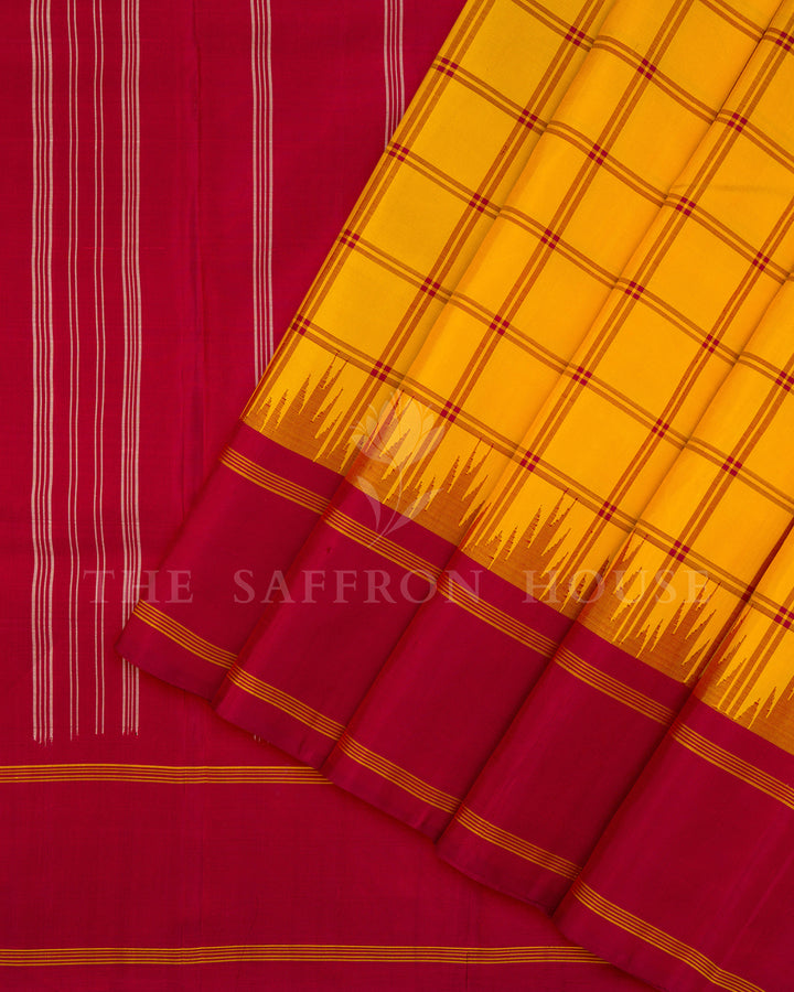 Yellow Kanchivaram Silk Saree with Red Korvai Border & Checked Body