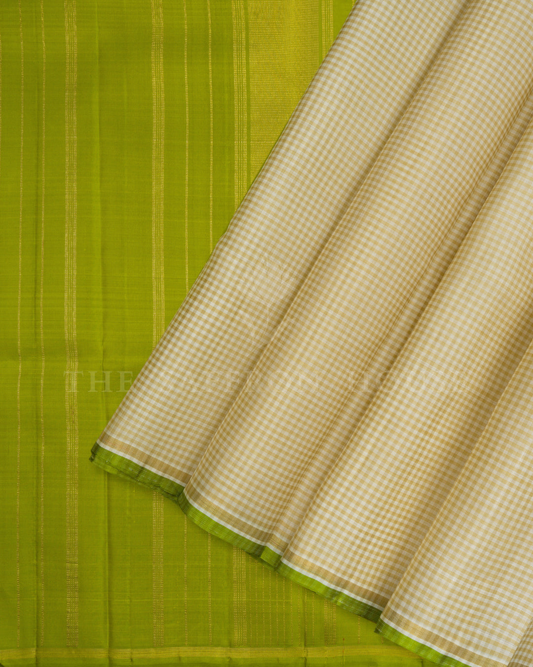 Beige Checkered Parrot Green Handwoven Kanjivaram Silk Saree - TSH2506230