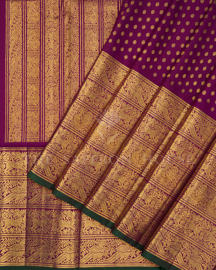 Purple Kanchivaram Silk Saree with Gold Zari Buttas & Peacock Border