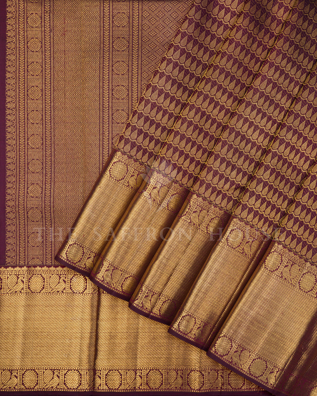 Burgundy Kanchivaram Silk Saree with Gold Leaf Weave & Peacock Border