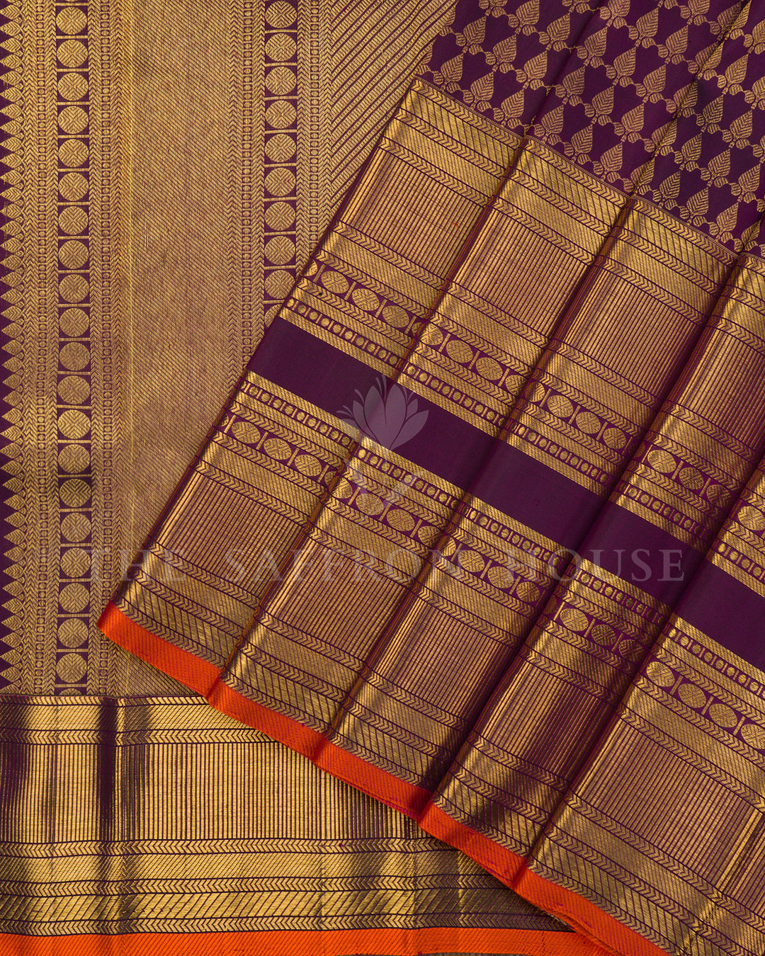 Purple Kanchivaram Silk Saree with Gold Leaf Weave & Orange Contrast Border
