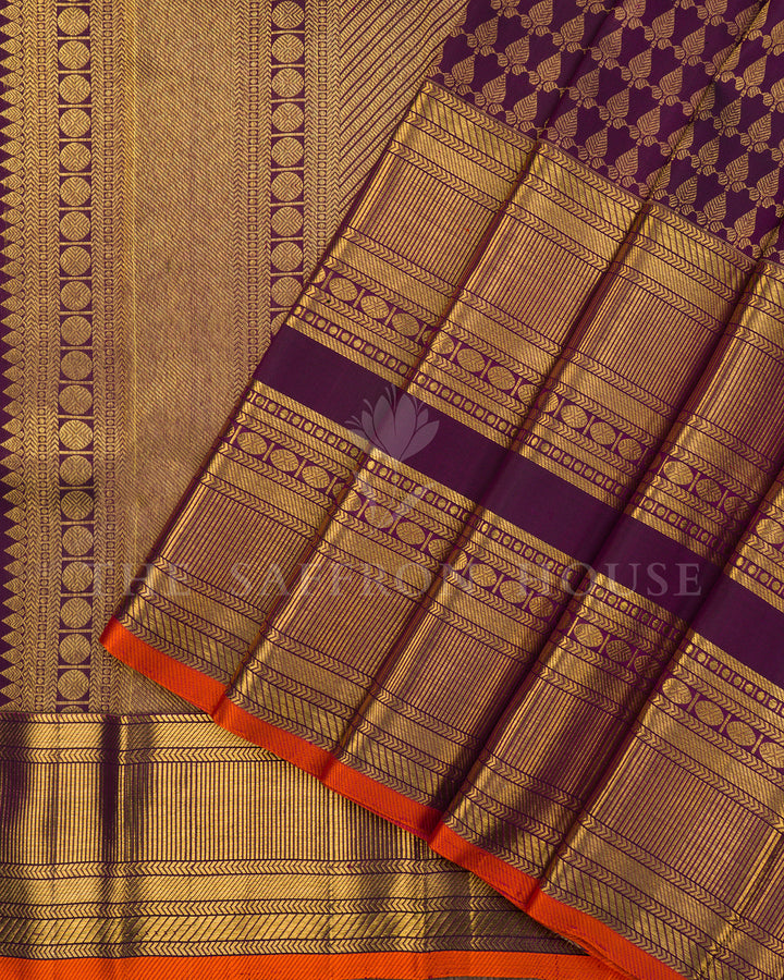 Purple Kanchivaram Silk Saree with Gold Leaf Weave & Orange Contrast Border