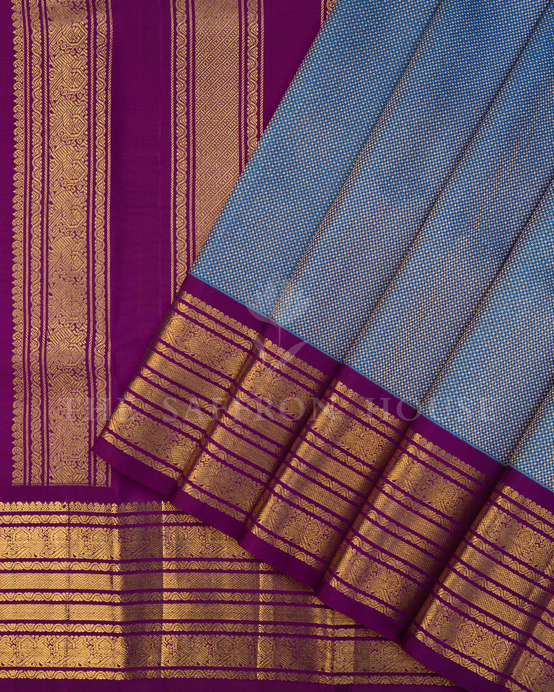 Peacock Blue Kanchivaram Silk Saree with Purple Zari Striped Border