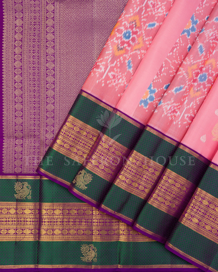Pink Ikat Print Kanchivaram Silk Saree with Green Zari Peacock Border