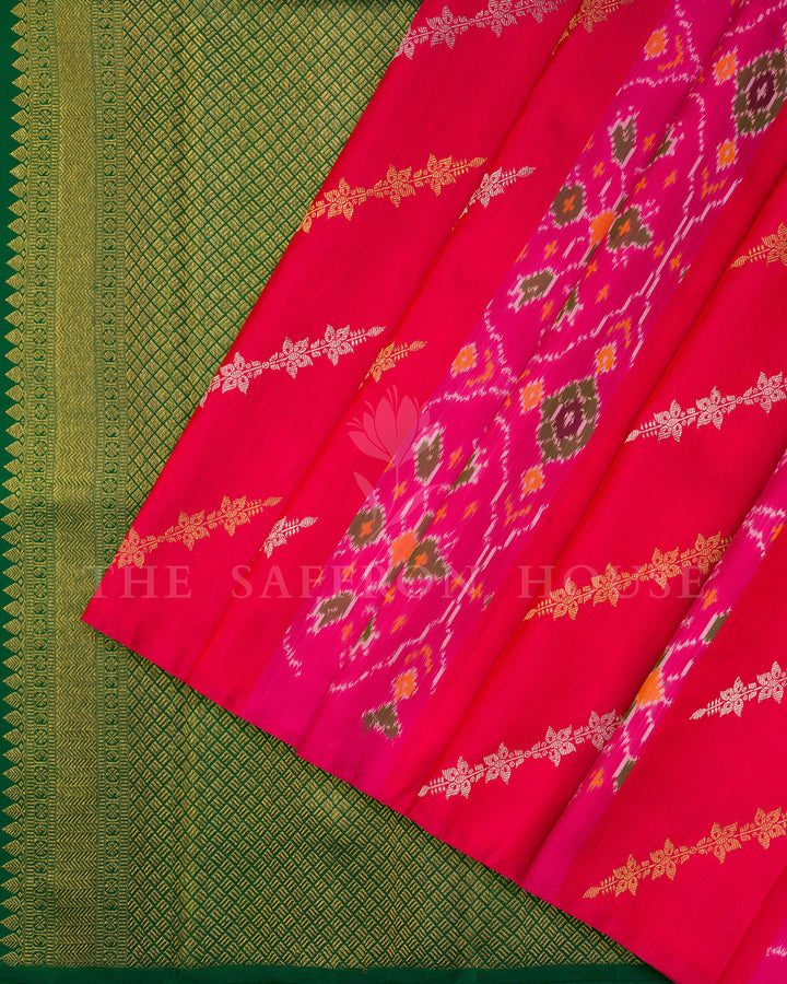Pink & Red Ikat Print Kanchivaram Silk Saree with Green Zari Pallu