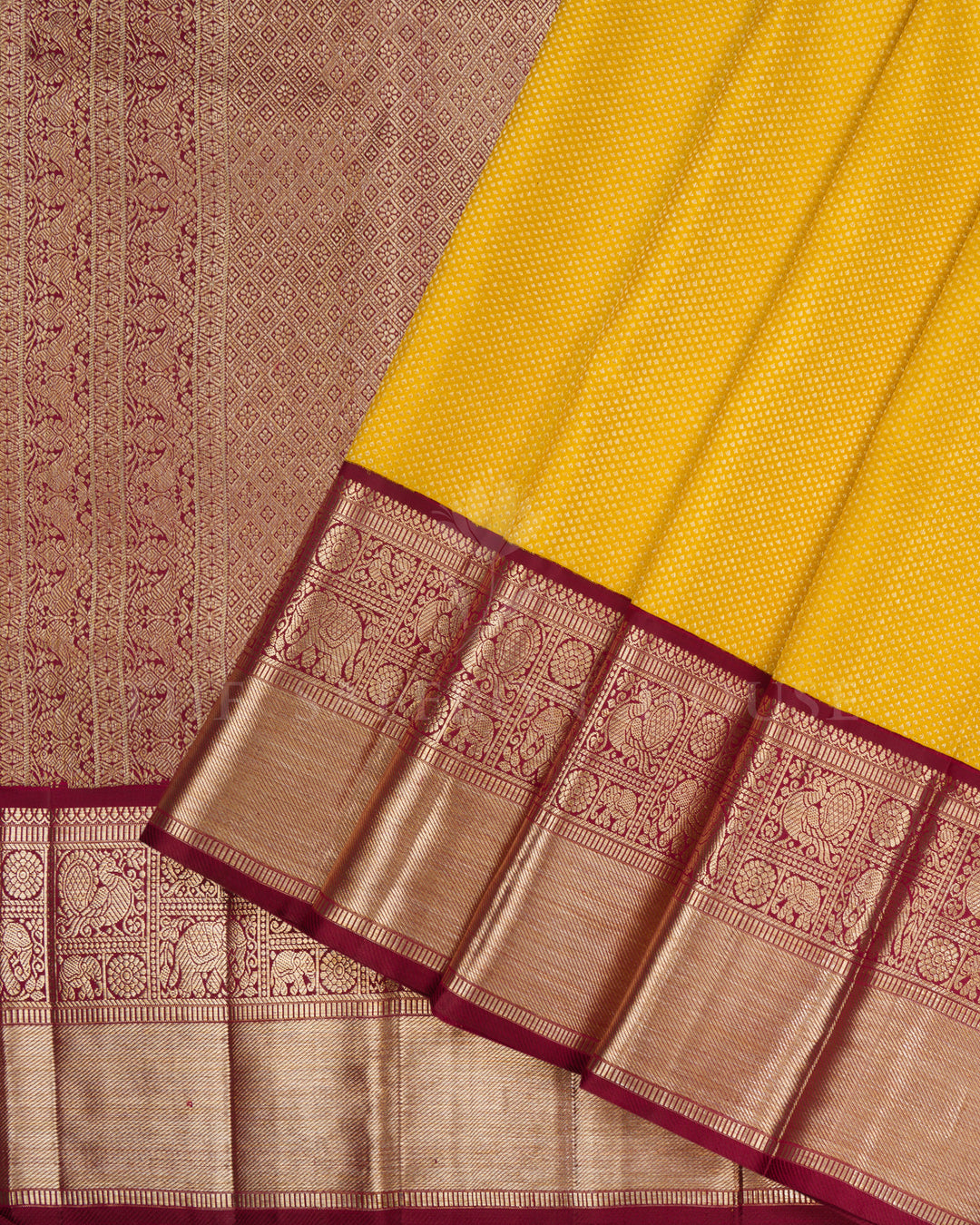 Mustard Yellow And Deep Maroon Handwoven Korvai Kanjivaram Silk Saree - TSH2506265