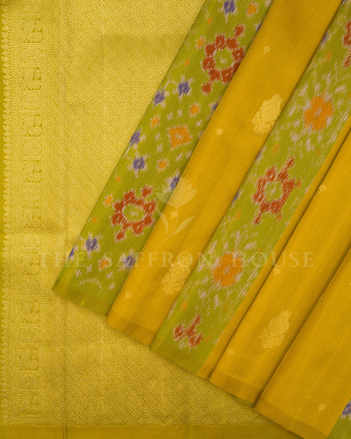 Green & Yellow Ikat Print Kanchivaram Borderless Silk Saree