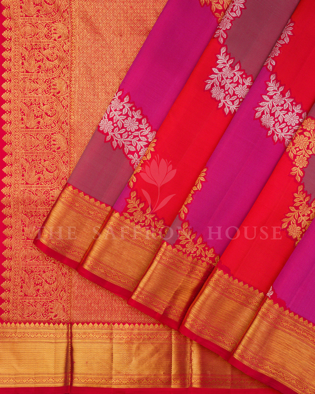 Multicolor Shot-Silk Kanchivaram Saree with Silver-Gold Floral Clusters