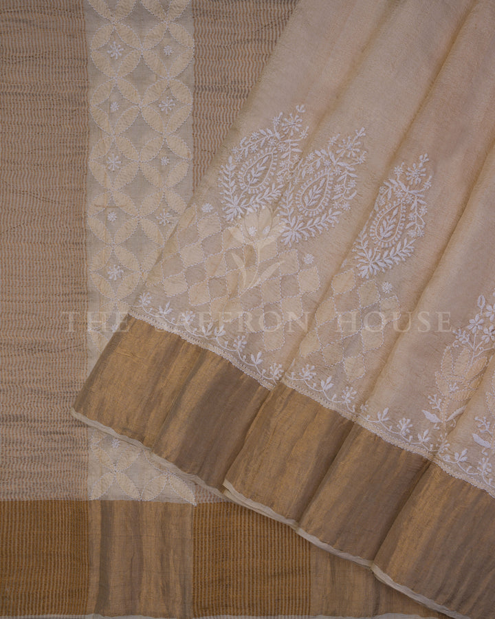 Beige Tussar Silk Chikankari Saree with Hand-Embroidered Paisley Motifs