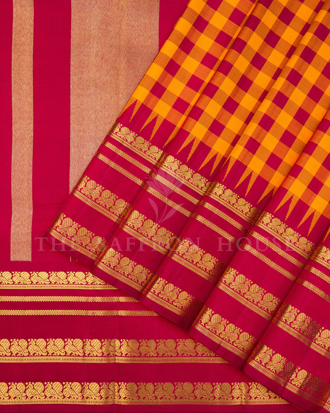Mustard & Red Checked Kanchivaram Silk Saree with Gold Zari Border