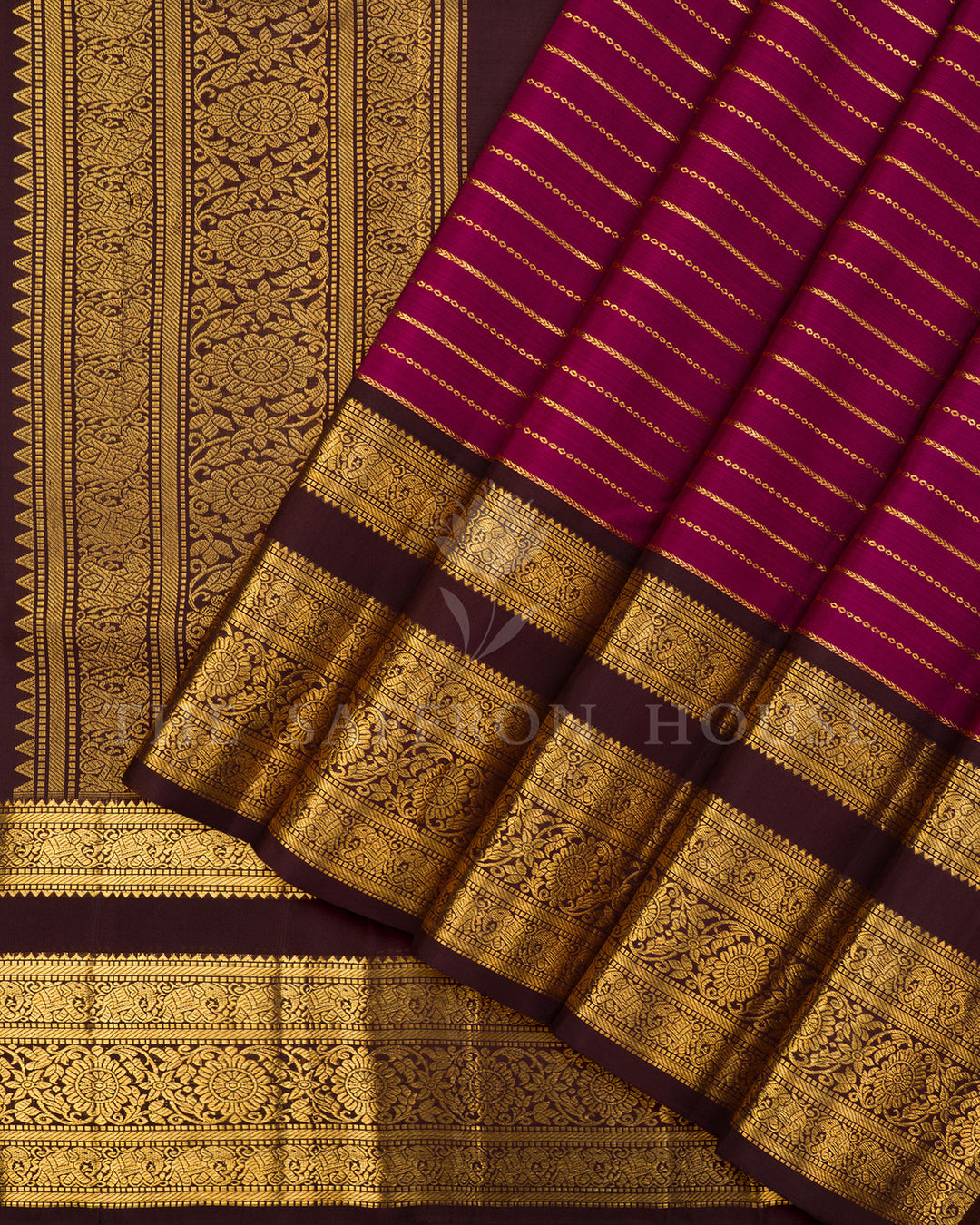 Magenta & Brown Kanchivaram Silk Saree with Elephant Motif Border
