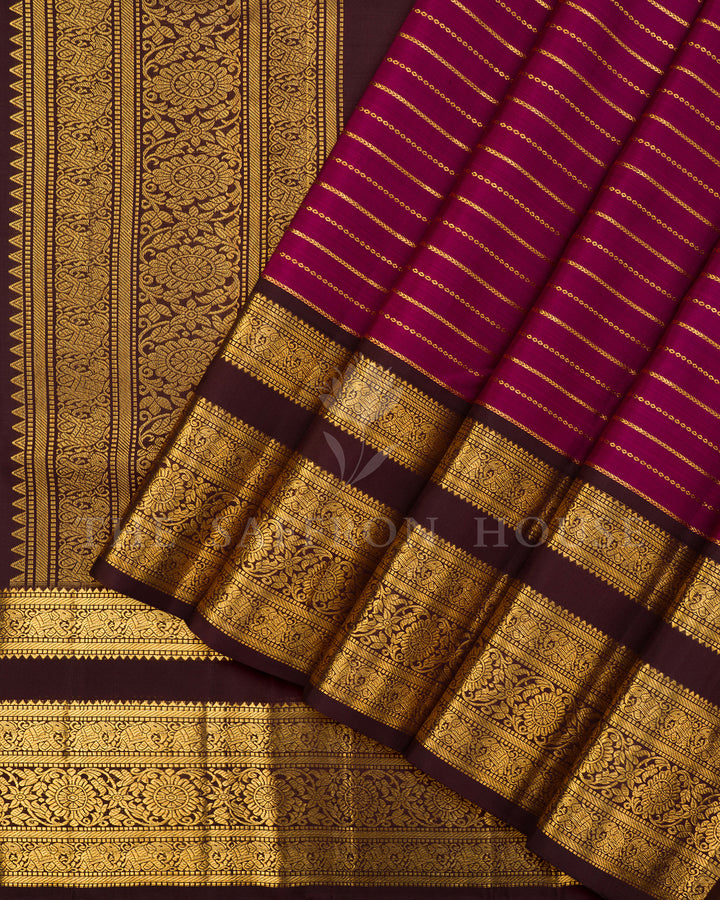 Magenta & Brown Kanchivaram Silk Saree with Elephant Motif Border