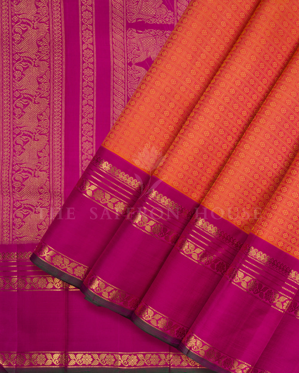  Orangish Pink And Magenta Handwoven Kanjivaram Silk Saree - TSH2506237