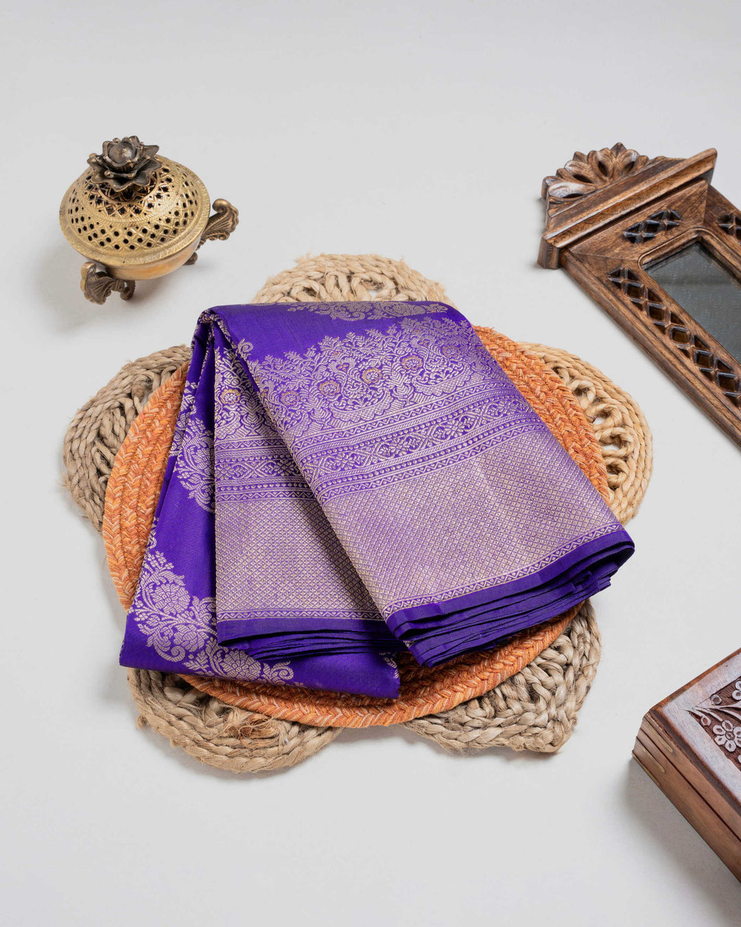 Royal Blue & Silver Kanchivaram Silk Saree | Diagonal Floral Zari Stripe Body