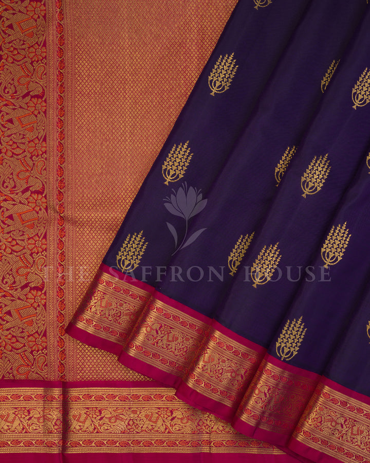 Handloom Kanjivaram Silk Saree in Deep Aubergine And Rani Pink  - TSH000046