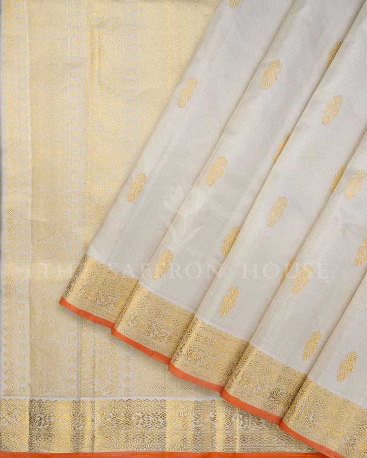 White Tissue Kanchivaram Silk Saree with Gold Zari Elephant Border
